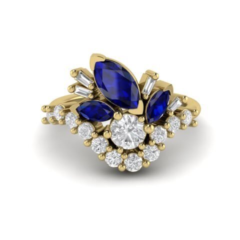 14K Yellow Gold Diamond Ring with Natural Sapphires and Diamonds - Rendering